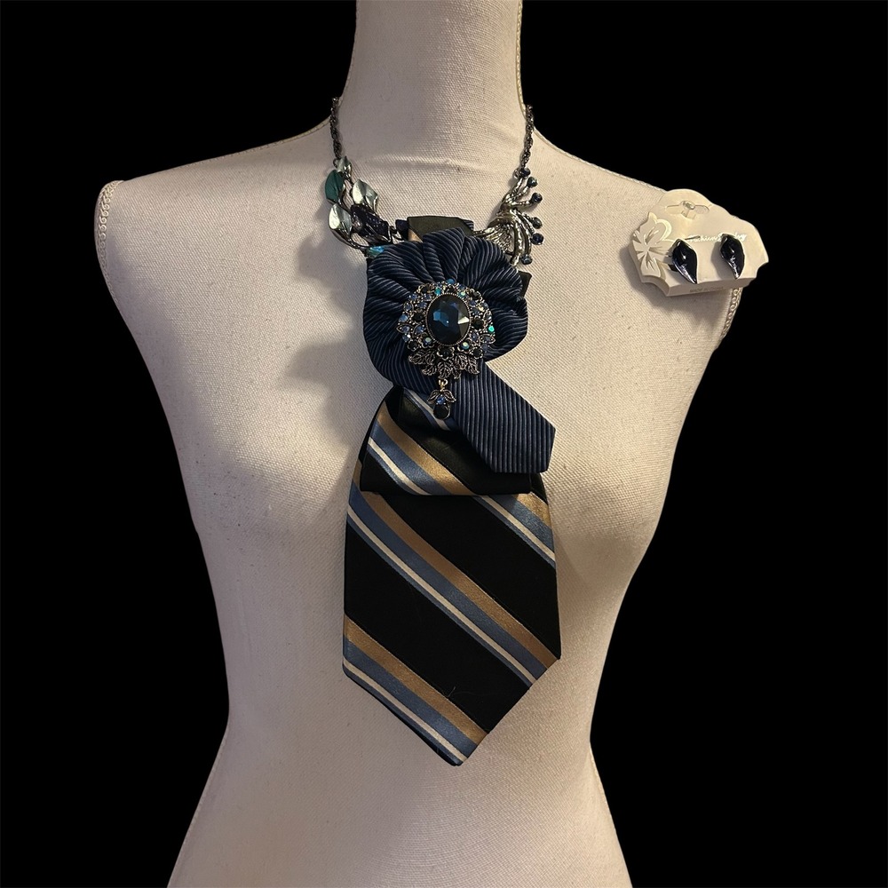 Tommy Hilfiger Repurposed Tie Necklace Set Blue Crystal Brooch Enamel Earrings - Picture 9 of 13